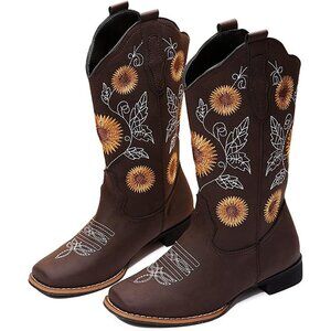 Women Brown Mid-Calf Cowgirl Western Boots Embroidered Sunflower Low Heel